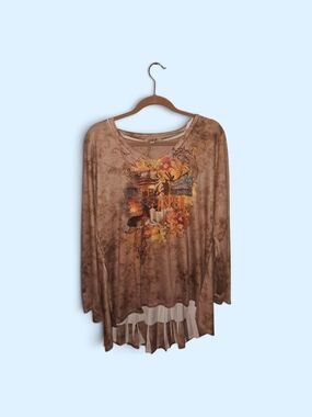 ONE WORLD XL Brown Aspen Floral Graphic Long-Sleeve Tunic